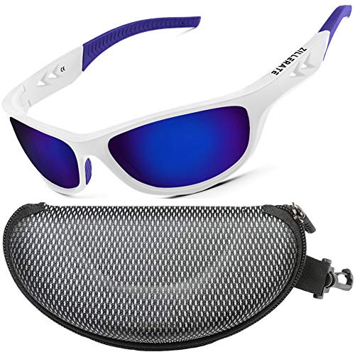 ZILLERATE Occhiali da Sole da Uomo Polarizzati, Ciclismo, Pesca, Golf, Corsa, Guida, Vela, Sci, Protezione UV400, Montatura TR90 Leggera e Avvolgente, Accessori con Custodia Rigida, Bianco/Blu