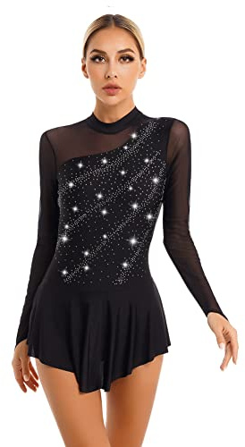CHICTRY Eiskunstlauf Kleid Damen Wettkampf Langarm Strass Glitzer Rollschuhkleid Stehkragen Ballettkleid Mit Asymetrisch Wickelrock Dancewear