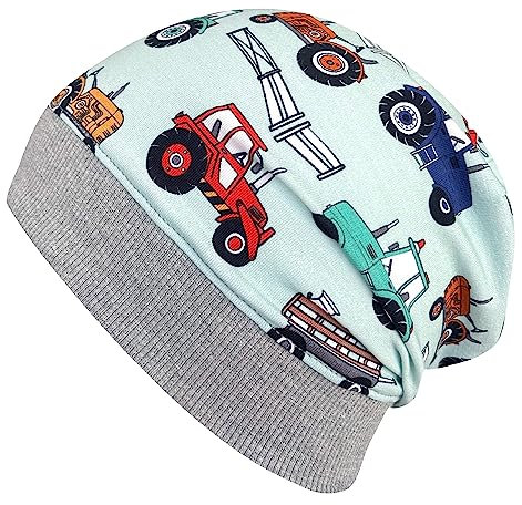 Wollhuhn ÖKO Leichte Mädchen/Jungen Beanie-Mütze Bündchen Elastisch Übergangszeit/Sommer Kinder-Mütze Baumwolle (Öko-Stoffe, Bio) 22222235 (Trecker Hellblau/Mint, M)