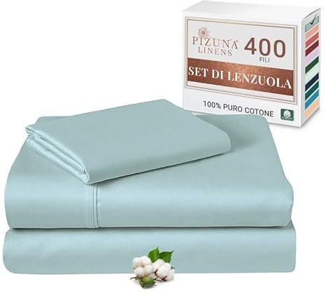 Pizuna Set Lenzuola letto singolo Cotone 90x200cm Blu 400 fili trama sateen | Set lenzuola Singolo 100% cotone a fiocco lungo, 90x200 cm, colore Bambina Blu, 400 fili - angoli, sopra, 1 federa