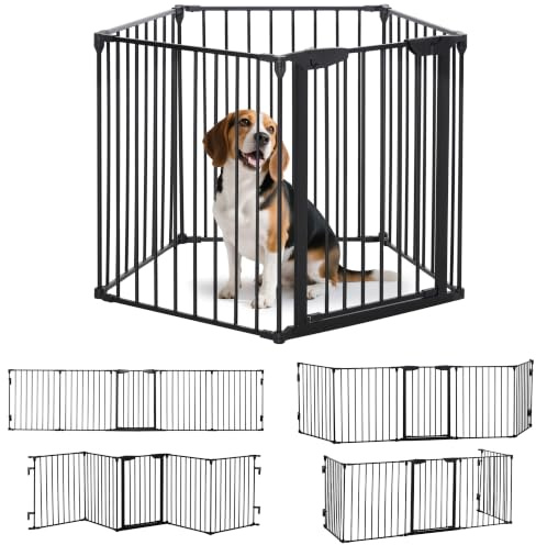 PawHut Recinto Cancelletto per Cani Regolabile Pieghevole 300x74.5cm Nero | Sistema di Blocco, Chiusura Automatica, Cancello per Cani, Metallo e Plastica