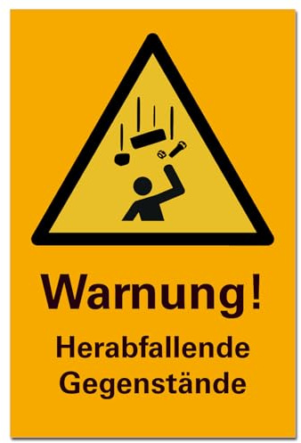 BUEWA Schilder Warnung Herabfallende Gegenstände Schild Hinweisschild Allgemein Orange PVC 300 x 200 x 3 mm Vorgebohrt B1-Zertifiziert