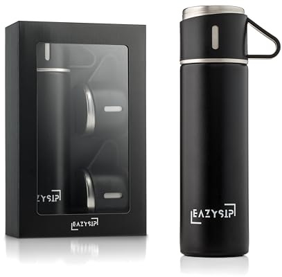 EAZYSIP Thermoskanne-Thermosflasche, 450ml- 12 Stunden Warm, 16 Stunden Kalt, Geschenkset mit 2 Bechern - Edelstahl Isolierflasche BPA-frei