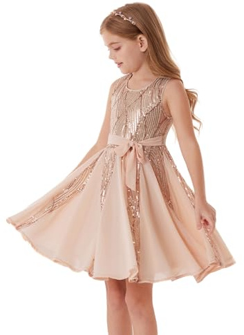 GRACE KARIN Girls Dresses 2025 Summer Casual Dress Flower Girl Wedding Party Sequin Princess Dress Rose Gold 10-12 Years