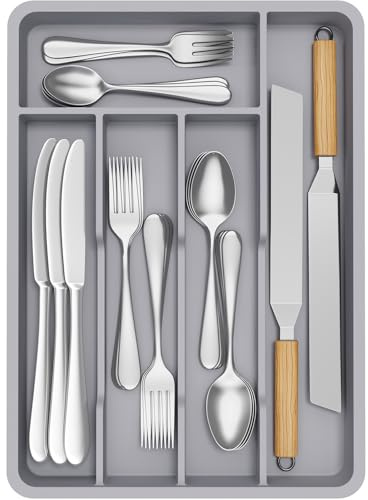 Lifewit liten bestecklåda för lådor, 5 fack besteckorganisatör, 24 x 34 cm lådorganisatör kök, besteckinsats och redskapshållare i plast för skedar/gafflor/kniv, grå