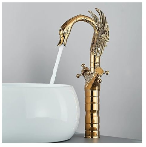 Rubinetto for lavabo da appoggio con acqua calda e fredda for bagno, rubinetto a cigno a doppia maniglia(Gold)