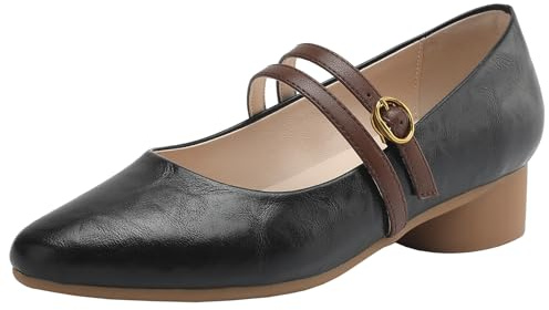XIEPP Mary Jane-pumps för kvinnor med spänne för kontoret, låg grov klack, svart, 37 EU