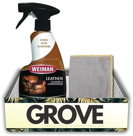 Weiman Leather Cleaner and Conditioner 12 oz Liquid Bundle with Microfiber Cloth – Cleans and Conditions Leather Surfaces for Auto and Home Use – Gift Set (2 Items)