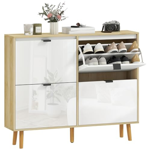 HOMCOM Zapatero Estrecho con 4 Puertas en Blanco Brillo, Zapatero Entrada Recibidor con Estantes Ajustables Patas de Madera, para 20 Pares de Zapatos, 105x24x92,5 cm Blanco