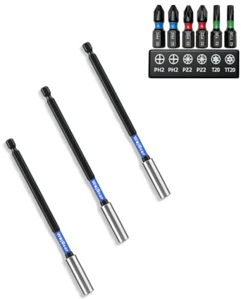 WojBear 3 PCS Magnetic Extension Bit Holder Set, 3 * 150mm Drill Bit Holder for Impact Driver with 6 PCS Screwdriver Bits, 2*PZ2 2*PH2 T20 TT20