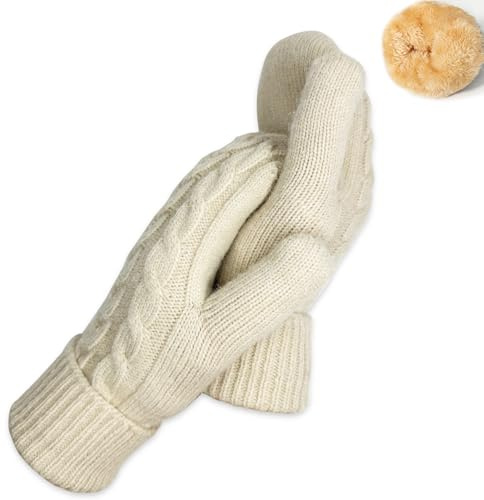 Bototack Winter Mittens Gloves for Women Warm Fleece Lining Knit Thick Thermal Snow Gloves for for Cold Weather Gifts (Beige)