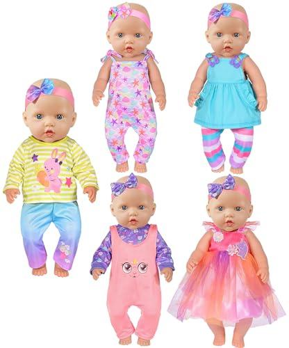 5er-Pack Baby-Puppenkleidung für 43cm / 17 Zoll Neugeborene Babypuppen, Fashion Doll Kleidungsset mit passenden Stirnbändern und Kleid (Keine Puppe)