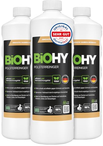 BiOHY Spezial Polsterreiniger (3 x 1 Liter) | Konzentrat für Sofas, Polstermöbel, Teppiche & Textilien | für Nasssauger & Waschsauger | Fleckentferner | effektiver Textilerfrischer