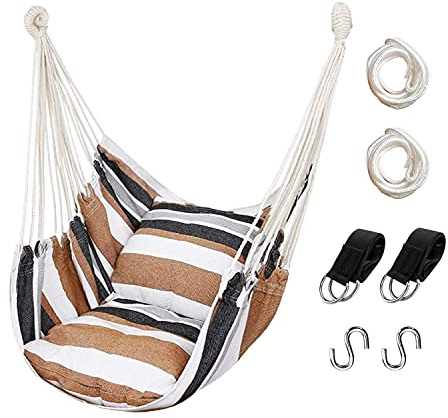 Hängemattenstuhl Hängeseilschaukel, max. 136 kg Hängesessel mit Tasche, hochwertiges Baumwollgewebe für höchsten Komfort und Haltbarkeit, perfekt für Outdoor, Zuhause, Terrasse, Hof (Khaki)