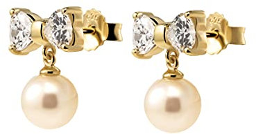 Orphelia 925 Silver Earrings Gold Colored Bow with Zirconium and Freshwater Pearl