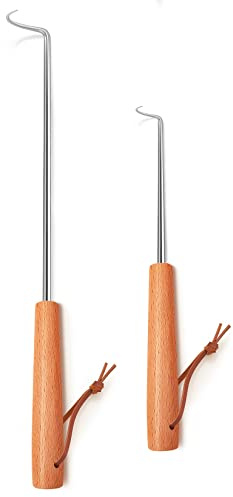 Pigtail Food Flipper Set of 2, Joyfair Stainless Steel Meat Hook & Turner Grill Tools for Outdoor BBQ Grilling & Kitchen Frying, Right Handed, Great Replacement to Tongs (12” & 17”, Wooden Handles)