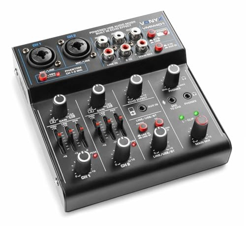 Vonyx VMM401 Mini Table de Mixage USB - 4 Canaux, Carte Son Intégrée, 2 Entrées Jack/XLR, 2 Entrées RCA, 1 Sortie Jack, 1 Sortie Casque, Alimentation Fantôme 48V, Idéal pour Animer vos Soirées