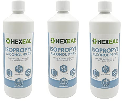 Hexeal 99.9% Isopropyl Alcohol 3L – 3 x 1L IPA for Sanitising & Cleaning | Removes Grime from Phones and Electronics, Powerful Degreaser and Cleaning Fluid