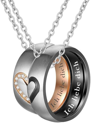 Partner Geschenke Partnerkette mit Pärchen Anhänger - Puzzle Herz Pärchen Kette mit Gravur  Ich liebe dich , 5A Zirkonia, Breite 6MM, Rosegold Schwarz Weihnachtsgeschenke