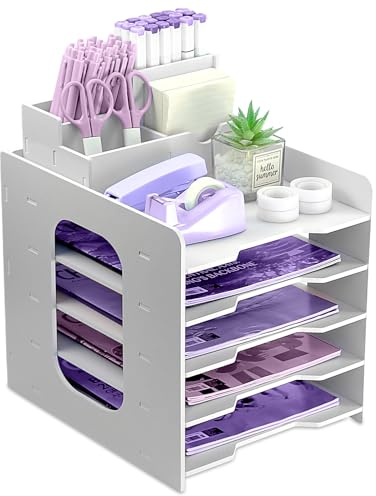 HMXLJJY Letter Tray Organiser, A4 Paper Filing Trays, 5-Tier Office File Tray, Desk File Tidy Organizer with Stackable Filing Tray, Desk Paper Organizer with Pen Holder (White)