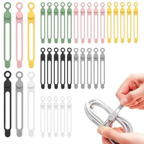 Kit de 30 Sujetacables Reutilizables en Silicona - Organizador Elástico de Cables en 6 Colores, para Auriculares,Cargador de Teléfono, Computadora, Cable de Audio