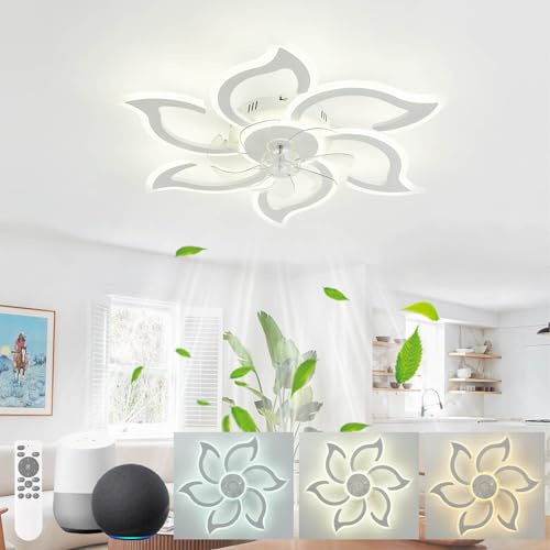 KeLuKes Lampara Ventilador Techo Dormitorio Compatible Alexa y Google Assistant, Ventilador Techo Luz Flor Diseño, Regulable Silencioso Temporizador Reversible Ventilatore para Salon,Blanco