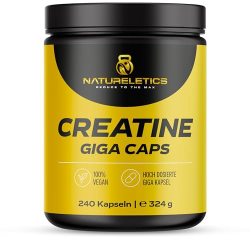 Natureletics Creatin Giga Caps, 240 Kapseln hochdosiertes reines Kreatin Monohydrat, Vegan, eine Kapsel = 1.000 mg Creatinmonohydrat