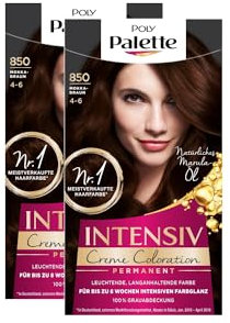 Palette POLY Intensive Cream Colouration 4-6/850 Mocha Brown Level 3 (2 x 115 ml), Permanent Colouration for up to 8 Weeks of Intensive Colour Shine & 100% Grey Coverage