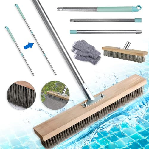 Drahtbesen mit Stiel,Stahlbesen 30 cm,Drahtbesen Bürste für Moosentfernung,Stahldrahtbesen,Strassenbesen Aus Edelstahl,Drahtbürste für Terrasse, Deck, Garten,Dusche, Wand, Garage