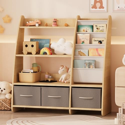 NACHES Bücherregal Kinder Kinderregal 91x38x92cm, Montessori Regal mit 4 Ablage, 2 offnen Fächern und 3 Aufbewahrungsboxen, aus Holz, für Kinderzimmer (Natur)