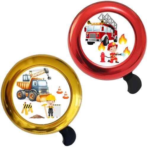 Bikasun 2 Pièces Sonnette de Vélo Enfant Fille, Véhicule de Construction, camions de Pompiers, Cloche De Vélo, Accessoire de Vélo pour Garçons Filles, Bleu et Jaune