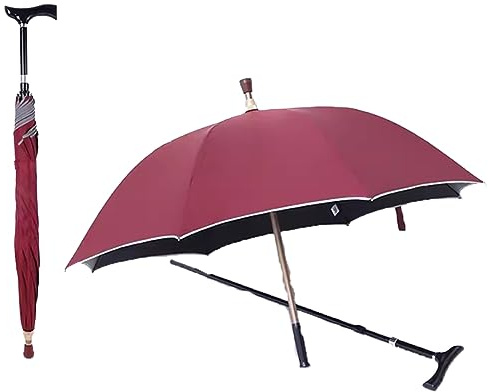 PYWJGZSX Paraguas, Paraguas de Viaje, Paraguas de Bastón 2 en 1, Paraguas de Bastón Portátil Ajustable en Altura, Paraguas de Bastón Multifunción Antideslizante a Prueba de Viento/Red/87~96Cm/34~38Inc