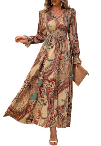 fdsmall Vestidos Midi de Cuello V de otoño para Mujeres Vestidos Bohemios de Manga Larga Elegantes y elásticos Casuales de Cintura Alta en Forma de a (FR/ES, Letras, M, Regular, Regular, Marrón)