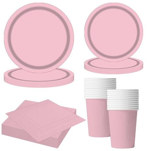MORAINJAY 68-teiliges Rosa Pappgeschirr Set, Pink Pappteller Pappbecher Servietten, Deko Partygeschirr für Baby Shower, Geburtstag, Hochzeit, Abschlussfeier, Party Supplies