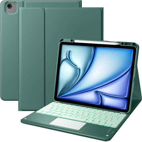 Vobafe Hülle Tastatur für iPad Air 13 Zoll M4 M3 M2 & Pro 12.9 3/4/5/6 Gen | QWERTZ Keyboard Multi-Touch Trackpad 7 Farben Beleuchtung, Hülle mit Stifthalter für iPad Air 13 (2026/2025/2024), Kiefergrün