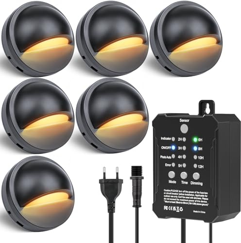 HIBOITEC Dimmable Garden Fence Lights with Timmer ＆ Photocell, IP67 Waterproof Low Voltage Garden Lights with Transformer, Warm White Deck Lighting for Step Stair Wooden Fences (6 Pack)