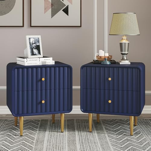 HOLTICO Bedside Table Set of 2, Modern Fluted Blue Side Table for Bedroom | Bedside Cabinets with 2 Drawers