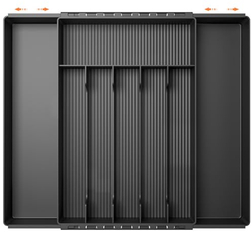 FERRGIA Organizador de Cubiertos,6-8 Compartimentos,Ancho de 21.6 a 38.8 cm,Organizador Cubiertos para Cajón Expandible,Cubertos para Cajon Cocina Extensible para Cucharas Tenedores Cuchillos,Negro