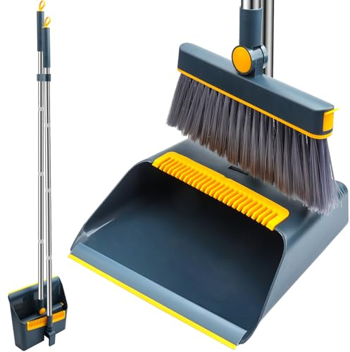 YGNNBC Long-handled broom and dustpan set, windproof broom combination, 180-degree rotating brush head with upright dustpan, suitable for indoor and outdoor cleaning. (blue)