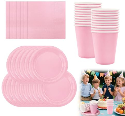 Vernerth Vaisselle de fête rose – Lot de 72 pièces comprenant des assiettes en carton, des tasses et des serviettes, des assiettes de fête jetables et des serviettes pour mariages, barbecues