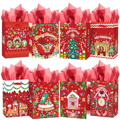 Gcardist Weihnachten Geschenktüten mit Seidenpapier Mittel Rot Papiertüten mit Henkel Kraftpapier Tüten Weihnachten für Weihnachtsfeier-Zubehör (8PCS 19,5x24,4x11CM)