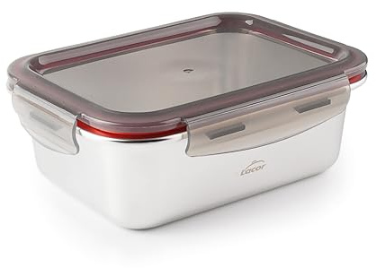 LACOR - 64618 - Recipiente para alimentos rectangular Ecoinox, Acero inoxidable 18/10, 480 ml, Apto para microondas, horno, congelador y lavavajillas, Hermético, 4 Cierres de clip, BPA Free