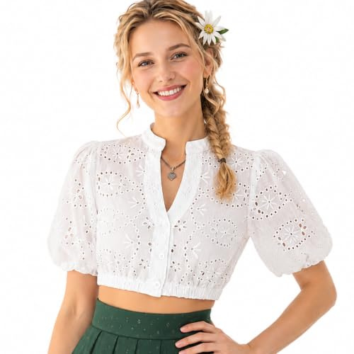 Generisch Damen Dirndlbluse Elegante Ballonärmel Dirndl Bluse V-Ausschnitt Lochstickerei Trachtenbluse