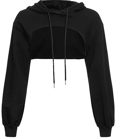 Crop with Hood Plain Hoodies for Women Trendy Long Sleeve Drawstring Cropped Hooded Clothes Cute Crop Top Sweatshirts with Designs Pullover Y2K Gothic Fashion Lightweight Fall, Noir , M