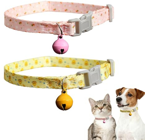 2 pcs Collare Gatto Taglia Piccola Regolabile con Campanello Poliestere Resistente e Lavabile Collare Cane Personalizzato 20-30cm Giallo rosa