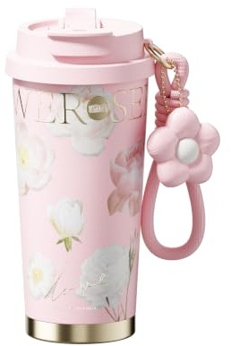 Sidagar Insulated Travel Coffee Mug,18 oz Stainless Steel Coffee Tumbler with Flip Straw, Double Wall Thermal Cup with Leak Proof Lid,Reusable Ceramic Water Bottle for Office, Pink