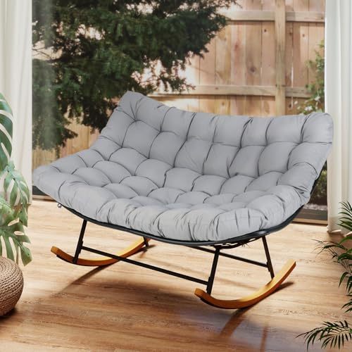 COSTWAY Poltrona Dondolo a 2 Posti, Sedia Relax Ergonomica con Cuscino (Grigio)