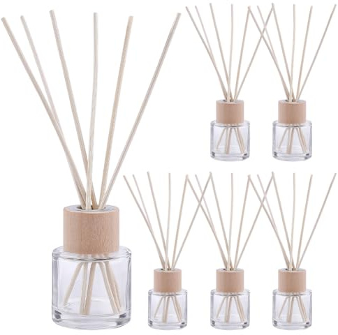 WEBEEDY 6 Flacons Diffuseurs de Roseaux Vides avec Couvercles en Bois, Flacons en Verre Transparent avec 36 Roseaux pour Diffuseur de Parfum d'Huiles Essentielles pour la Maison Décoration de Noël