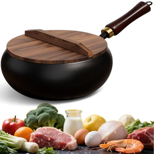 Genérico Carbon Steel Wok Pan, Japanese Cast Iron, 11'' Pans with Wooden Lid Cookwares, Nonstick Pan Flat Bottom Handmade Pot For for All Stoves (9.5'' handmade with wooden lid)