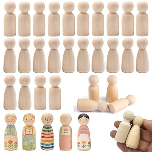 Dryxog 24Pcs Unfinished Wood Peg Dolls, People Figures, Wooden People 55mm